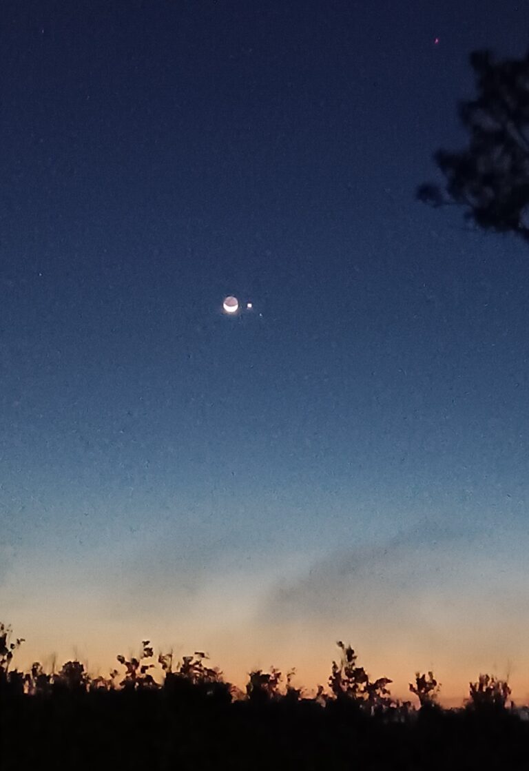 Crescent moon beside the planet Venus at dawn over Big Pine Island